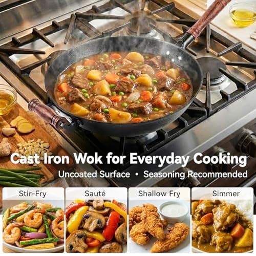 WANGYUANJI Cast Iron Wok Pan with Lid (12.6 Inch) - Handcrafted Flat Bottom Chinese Stir Fry Skillet for Induction, Electric & Gas - Walnut Wood Handle, No Coating - Thumbnail 6