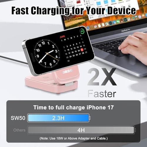 2B2C 3 in 1 MagSafe Wireless Charging Station, 15W Magnetic Fast Charger for iPhone 17/16/15/14/13/12 Series, Apple Watch & AirPods, Foldable Portable Charging Stand for Desk, Bedside & Travel, Pink - Thumbnail 3