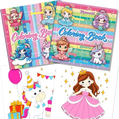Kalysky 2Pcs Coloring Book for Girls, Cute Princess Unicorn Mermaid Coloring Books for Kids Ages 4-8, Easy Coloring Pages with Magical Themes for Birthday Christmas Gift - Image 1