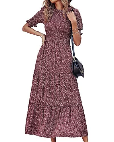 BTFBM Women Casual Summer Dresses 2025 Spring Crew Neck Ruffle Short Sleeve Floral Print Smocked Boho Flowy Maxi Dress(Floral Wine Red White, X-Large) - Image 1
