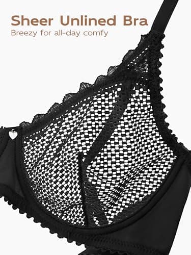 IHOIU Women's Sexy Balconette Unlined Lace Bra Unpadded Mesh Underwire See Through Plunge Demi Sheer Everyday Bralette (Black, 32B) - Thumbnail 3