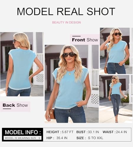 Dokotoo Spring Sweaters for Women 2025 Crewneck Cap Sleeve Knitted Oversized Tops Pullover Sweater Vest Relaxed Comfy Lightweight Sweaters Summer Outfits Clothes Blue XX-Large - Thumbnail 2