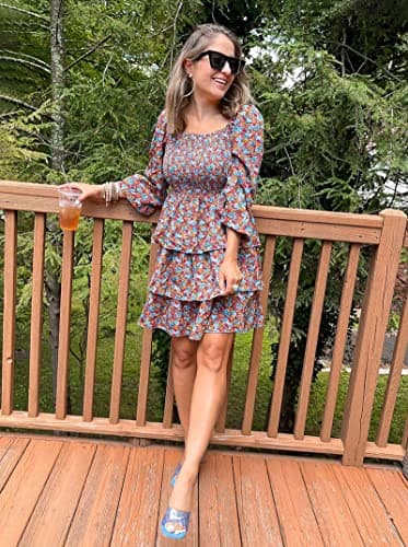 BTFBM Womens Long Sleeve Dress Vacation Square Neck Smocked Floral Swiss Dot Mini Boho Fall Wedding Guest Dresses 2025(Floral Blue Orange, Large) - Thumbnail 4