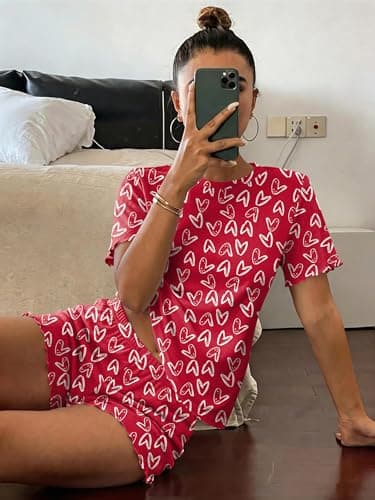 Ekouaer Cute Pajamas for Women Set 2 Piece Ribbed Pjs Short Sleeve Crop Top and Shorts Sleepwear Summer Soft Pajamas Set 2026 Y2K Lounge Sets Red Love Medium - Thumbnail 5