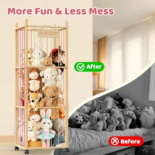 Stuffed Animal Storage & Organizer: Wooden Stuffed Animal Holder - 53.6" Stuffed Animal Zoo with Thicker Bands - Large Capacity Stuffy Storage for Playroom/Living Room/Nursery Room/Bedroom - Thumbnail 4