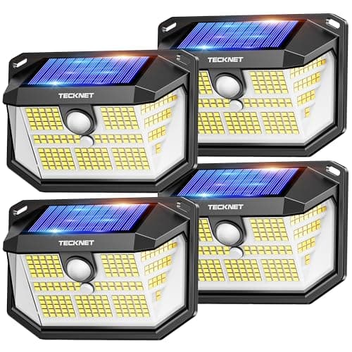 TECKNET 231 LED Solar Motion Lights Outdoor Waterproof, 4 Pack 300° Angle & 3 Lighting Modes PIR Motion Sensor Security Solar Wall Lights IP65 for Fence Front Door Yard Deck Garden Garage - Image 1