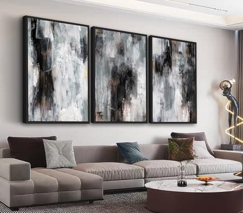 Large Framed Abstract Wall Art - Rustic Grayscale Painting Prints 24"x36" Set of 3, Minimalist Brushstroke Artwork Modern Industrial Canvas Pictures for Living Room Bedroom Office Decor - Image 1