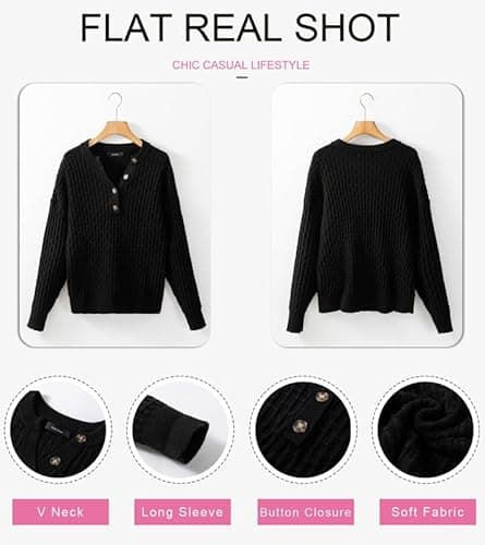 Dokotoo Women Sweater Long Sleeve V Neck Henley Shirts Button Sweater Solid Color Ribbed Waffle Knit Tops Casual Loose Fit Pullover Jumper Cable Knit Oversized Sweaters for Women Fall Medium - Thumbnail 4