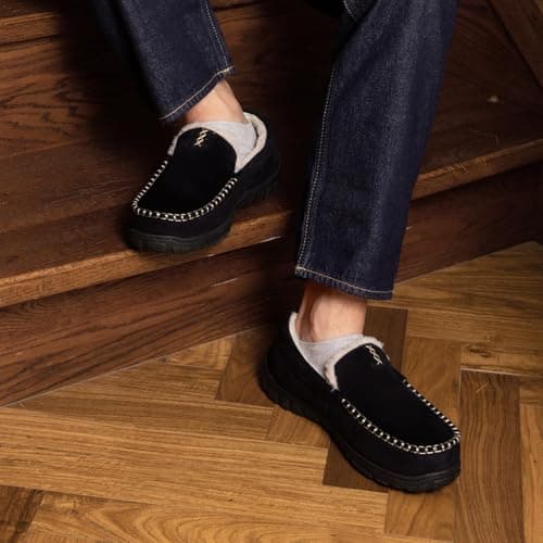 BOVTY House Slippers for Men Moccasins - Memory Foam&Warm Plush Indoor Outdoor Slip-on Loafers Black - Thumbnail 2