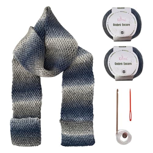 KnitPal Tunisian Scarf with Pockets Kit – 2 Skeins Ombre Encore (#5 Bulky, 100% Acrylic), Tunisian Hook, Pattern & Video – Beginner Tunisian Crochet, 6" x 84" (White Gray) - Image 1