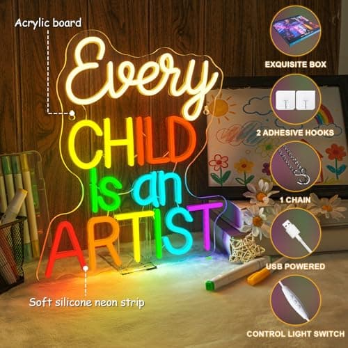Classroom Lights Sign Every Child is an Artist Neon Sign Dimmable LED Lights Up Library Reading Neon Signs for Wall Decor in Art Classroom Reading Corner LED Books Decor Gifts for Teachers - Thumbnail 3
