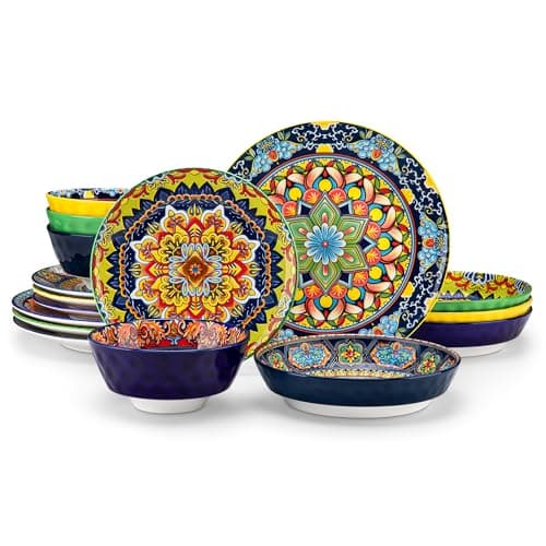 vancasso 16 Pieces Plates and Bowls Set, Bohemian Style Dinnerware Sets Service for 4, Porcelain Boho Dishes Set for Kitchen, Housewaring Gift, Dishwasher and Microwave Safe, Series KRVI - Image 1