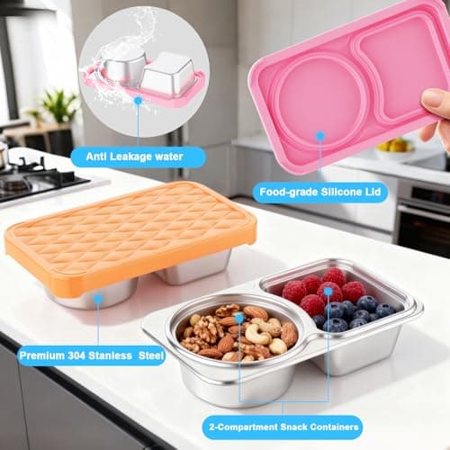 Upmely Stainless Steel Snack Containers, 2 Compartment Leak-Proof Snack Containers with Sillicone Lids, Reusable small Food Storage Containers for School,Travel, Outdoor, Camping,office (2) - Thumbnail 3