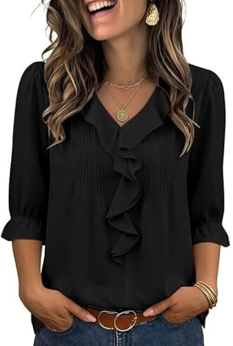 Theenkoln Womens Victorian Ruffle Blouse:3/4 Ruffle Sleeve V-Neck Business Casual Tops Summer Trendy Fashion Work Shirt Black Small - Image 1