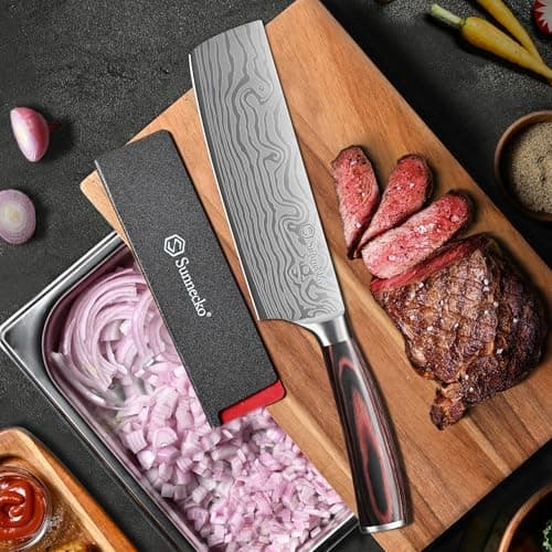 Sunnecko Japanese Nakiri Knife 7 Inch - Carbon Steel Chef Knife Vegetable Cleaver with Sheath, Kitchen Gift for Home Cooks, Professional Kitchen Knife Gift Box - Thumbnail 3