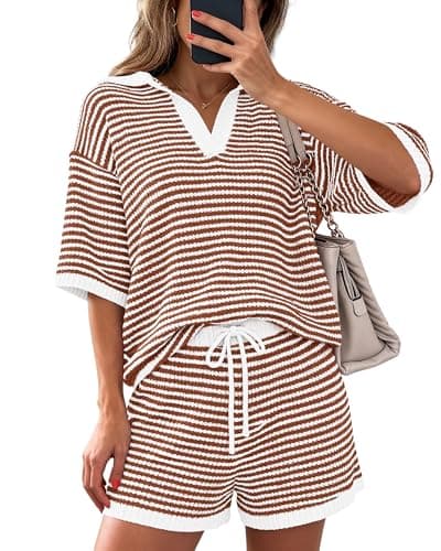 PRETTYGARDEN Women 2 Piece Lounge Sets Short Sleeve V Neck Striped Tops Drawstring Short Sets Beach Summer Outfits 2026(Striped Brown,Large) - Image 1