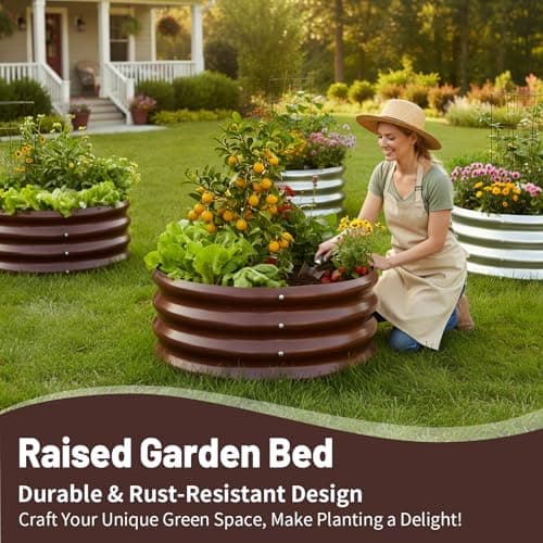 GOOZOO 2PC Galvanized Planter Raised Garden Beds, 2x2x1ft Raised Garden Bed Kit for Gardening Outdoor, Round Metal Land Planter Box for Vegetables, Fruits, Flowers（Brown） - Thumbnail 2