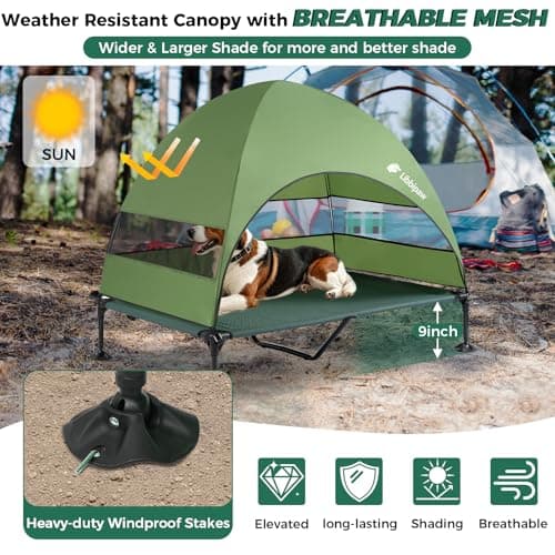 Libbipaw Windproof Elevated Dog Bed with Canopy & Stakes, 3-Sided 90% UV Block, Chew-Proof Teslin Mesh Mat for Large Dogs up to 150lbs(Green X-Large) - Thumbnail 6