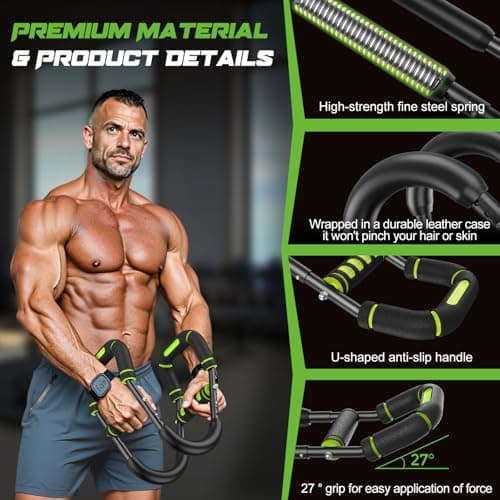 Vanlgs Twister Arm Trainer for Men, Chest Workout Equipment 5-Level Adjustable (40-130lb) with Ergonomic 27° Targets Biceps/Clip/Thigh, Portable Exerciser for Home Gym Travel Fitness, Green - Thumbnail 4