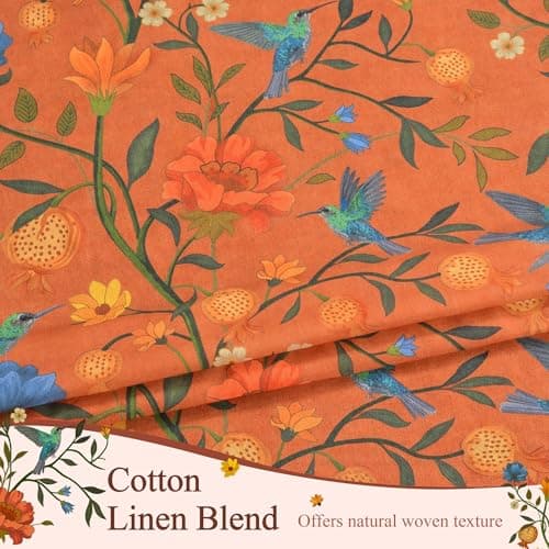 JOOJA Bird Floral Curtains 2 Panels 96 Inches Long Vintage Boho Patterned Terracotta Whimsical Living Room Colorful Linen Blend Printed Window Curtains for Bedroom Kitchen - Thumbnail 3