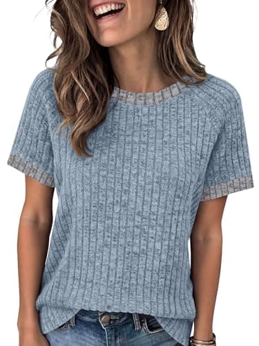 ANRABESS Womens Tops Summer Short Sleeve Shirts Dressy Casual Color Block Work Blouse 2026 Spring Trendy Lightweight Sweater Light Blue Medium - Image 1