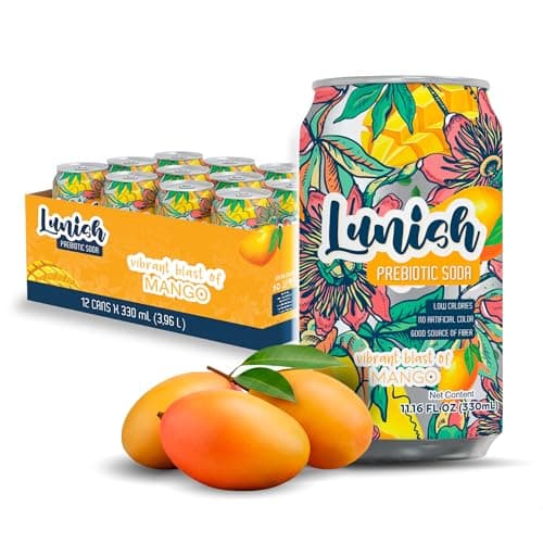 Lunish Prebiotic Soda, Mango Sabor Mango, Gut-Friendly & Refreshing, with Apple Cider Vinegar & 4g Prebiotic Fiber, 20 Cal, 12-Pack - Image 1