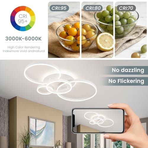 Modern LED Ceiling Light White Flush Mount Ceiling Light Dimmable Dining Room Light Fixtures with Remote 5 Rings Acrylic Kitchen Lighting Fixtures Ceiling Lamp for Living Room Bedroom (White, 5 Rings) - Thumbnail 4