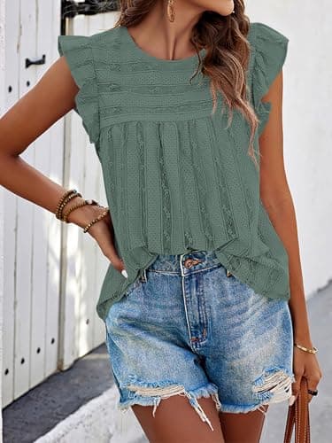 PRETTYGARDEN Women's Summer Cute Tank Top Crewneck Ruffle Sleeveless Hollow Out Eyelet Lace Spring Blouse Shirts(Cyan,Medium) - Thumbnail 3