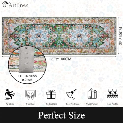 U'Artlines 2' x 6' Boho Hallway Runner Rug, Non Slip Washable Vintage Farmhouse Kitchen Rug Accent Area Carpet for Entryway Laundry and Living Room (Green) - Thumbnail 2