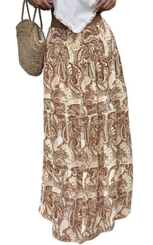 PRETTYGARDEN Flowy Long Skirts for Women Trendy Elastic Waist Bohemian Vintage Beach Vacation Ruffle Maxi Summer Skirt (Khaki Floral, X-Large) - Image 1