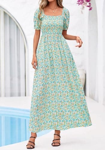 BTFBM Spring Summer Dresses for Women 2026 Puff Short Sleeve Smocked Floral Print Boho Beach Wedding Guest Maxi Dress(Light Green Flower, Small) - Thumbnail 6