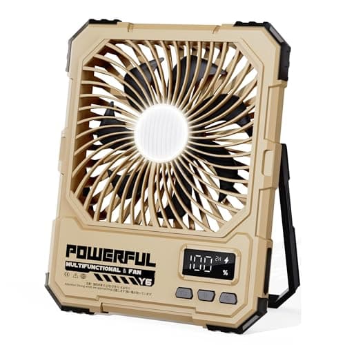 NAOIY Portable Fan, Camping Fan, 20000mAh 6-Inch 18-85H Rechargeable Ultra Thin Foldable with Built-in Power Bank, LED Light, Remote Control, Hook for Outdoor Camping Tent Travel Emergency (Khaki) - Image 1