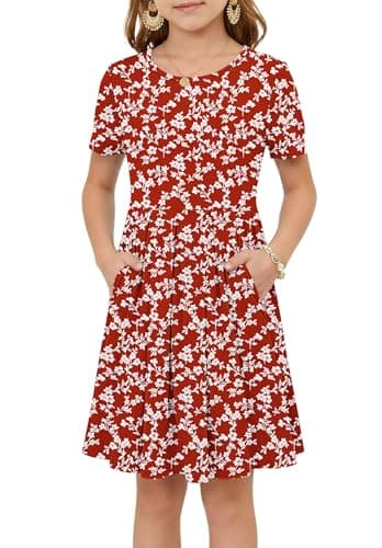 Girls Summer Short Sleeve Dress Kids Casual Crew Neck Pleated Loose A Line Swing Knee Length Cute Dress with Pockets White Floral Red L - Image 1