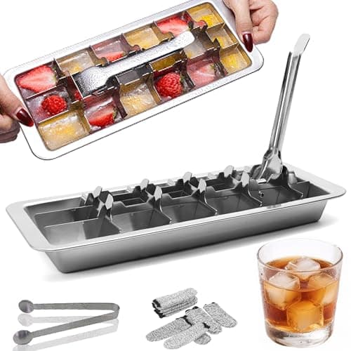 GHAHILI Stainless Steel Ice Cube Trays, Metal Ice Cube Trays for Freezer Vintage Inspired Design with Release Lever Remove Handle for Making Large Cubes Kitchen & Bar (1pcs+Tweezers & Finger Gloves) - Image 1