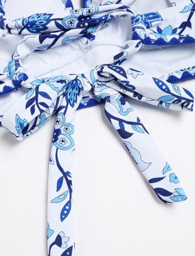 ZAFUL Women's High Waisted Bikini with Skirt Whip Stitch 2 Piece Swimsuits Tummy Control Bathing Suit 0-Blue Floral M - Thumbnail 6