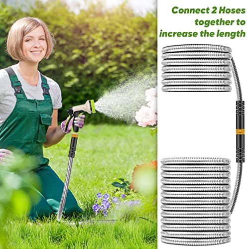 Garden Hose 50 ft, Stainless Steel Water Hose with 10 Function Nozzle Flexible, Heavy Duty, Lightweight, No-Kink, Pet Proof, Puncture Proof Hose Metal for Yard, Outdoor - Thumbnail 6