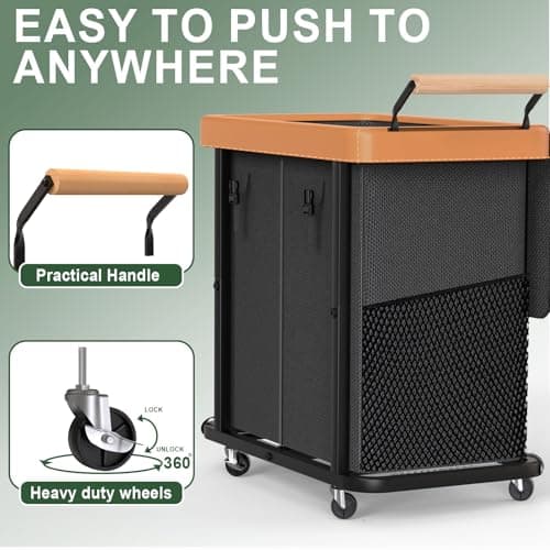 190L (50 Gal) Extra Large Fashion Laundry Hamper 2 Section with Lid, Rolling Laundry Basket Hamper with Handle, Laundry Organizer Storage Cart with Sturdy Metal Frame for Laundry Room, Hotel, black - Thumbnail 3