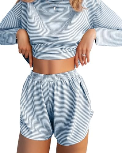 JUSTFASHIONNOW Womens Pajama Sets Striped 2 Piece Lounge Set Casual Long Sleeve Loungewear Matching Sleepwear Long Sleeve Top and Shorts Fall Winter Outfits (Blue, X-Large) - Image 1