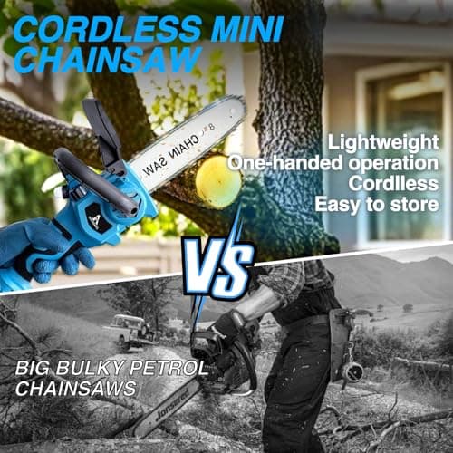 Mini Chainsaw Cordless 8 Inch with 2x 5200mAh Batteries, Portable Electric Chain Saw, Automatic Oiler, Battery Powered Small Handheld Saw,Trees Branches Trimming, Wood Cutting (Blue) - Thumbnail 5