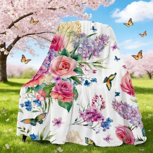 yuboo Spring Floral Throw Blanket, Soft Flannel Blanket Gifts for Women Wife Flower Lovers, Decorations for Home Bed Sofa Couch Chair Business Travel Home Ornaments, 50 x 60 Inch - Image 1