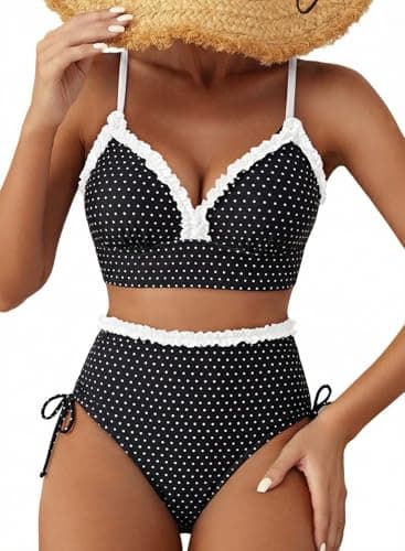 Herseas Women's Splice Ruffle Trim Black Supportive Bikini Sets Lace Up Side Swim Suits 2026 High Waisted Bathing Suits Tummy Control Casual Polka Dots Vacation Outfits XX-Large - Image 1