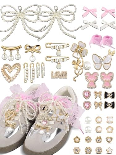 yuboo 43pcs Shoe Charms for Sneaker Winter- Pink Lace shoelaces, Pearls & Black Bow Shoelace Charms for Sneakers, Bags, Hats | Jewelry Shoe Decorations for Women/Girls - Image 1