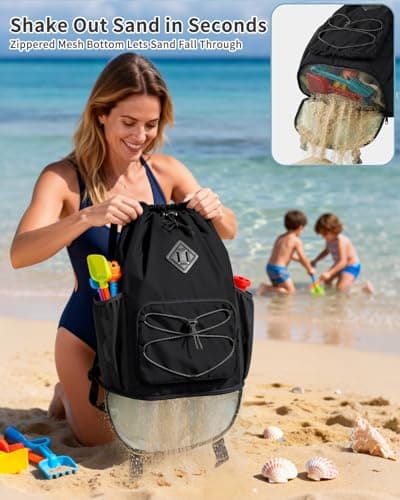 WANDF Drawstring Backpack with Removable Wet Pocket, Sandproof Beach Backpack with Bottom Compression Strap for Beach Mat, Swim Bag for Pool, Gym, Travel and Workout Gear (Black) - Thumbnail 3