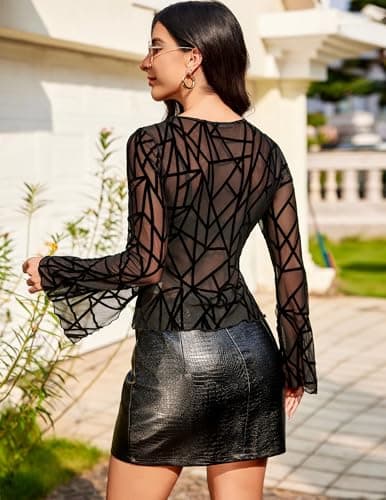 Avidlove Womens Long Bell Sleeve Tops Fall Sheer Print Blouse Shirt Fitted Going Out Outfits - Thumbnail 4