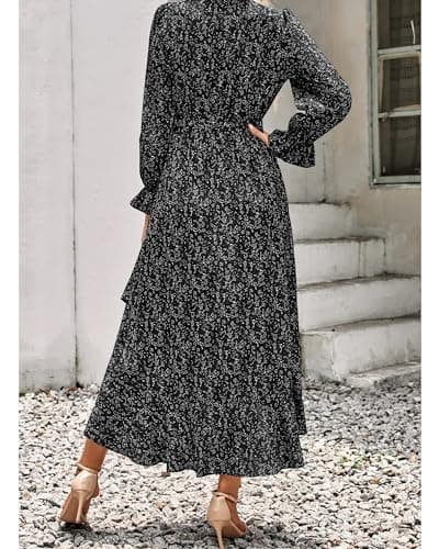 BTFBM Womens Dresses Spring Clothes 2026 V Neck Floral High Waist Ruffle Wedding Guest Cocktail Boho Long Sleeve Dress(Floral Black, X-Large) - Thumbnail 4