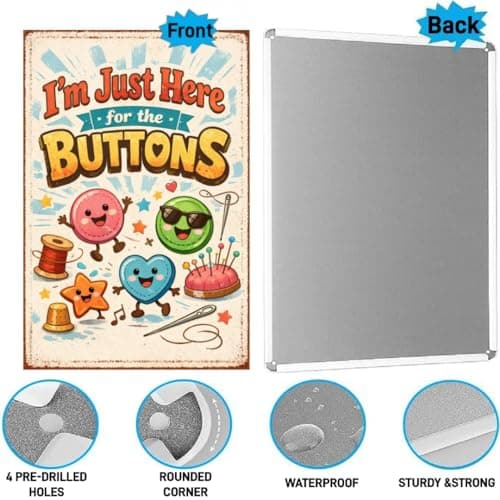 I’m Just Here for the Buttons Tin Sign Cute Cartoon Sewing Wall Art Colorful Button Metal Plaque Funny Craft Room Decor Decorative Sign for Sewing Studio Home Wall 8x12 Inch - Thumbnail 6