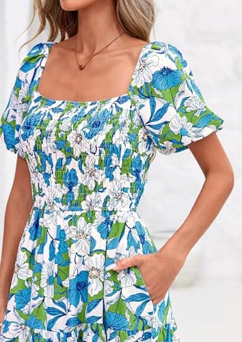 PRETTYGARDEN Womens Summer Puff Short Sleeve Maxi Dress Square Neck Smocked Tiered Ruffle A Line Long Flowy Beach Dresses (Floral Blue Green,Large) - Thumbnail 5