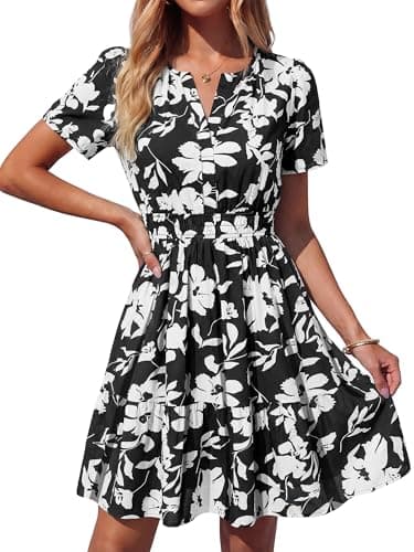 BTFBM Summer Dresses for Women 2026 Lightweight Casual Short Sleeve Floral Mini Dress A Line Beach Vacation Sundress(Black White Flower, XX-Large) - Image 1