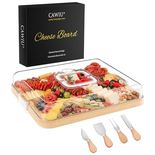 CAWIU Portable Travel Charcuterie Board with Lid and Handle - Large Bamboo Cheese Board with 4 Cheese Knife Set for Outdoor, Picnics - Weddings, House Warming Gift for Women (1 Compartment, White) - Image 1