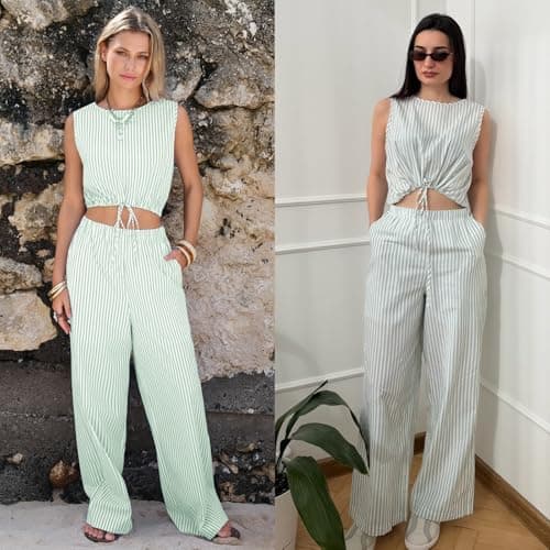 EXLURA Womens 100% Cotton 2 Piece Outfits Stripe Drawstring Crop Tank Tops Wide Leg Pant Sets Faux Linen Summer Cruise Beach - Thumbnail 2